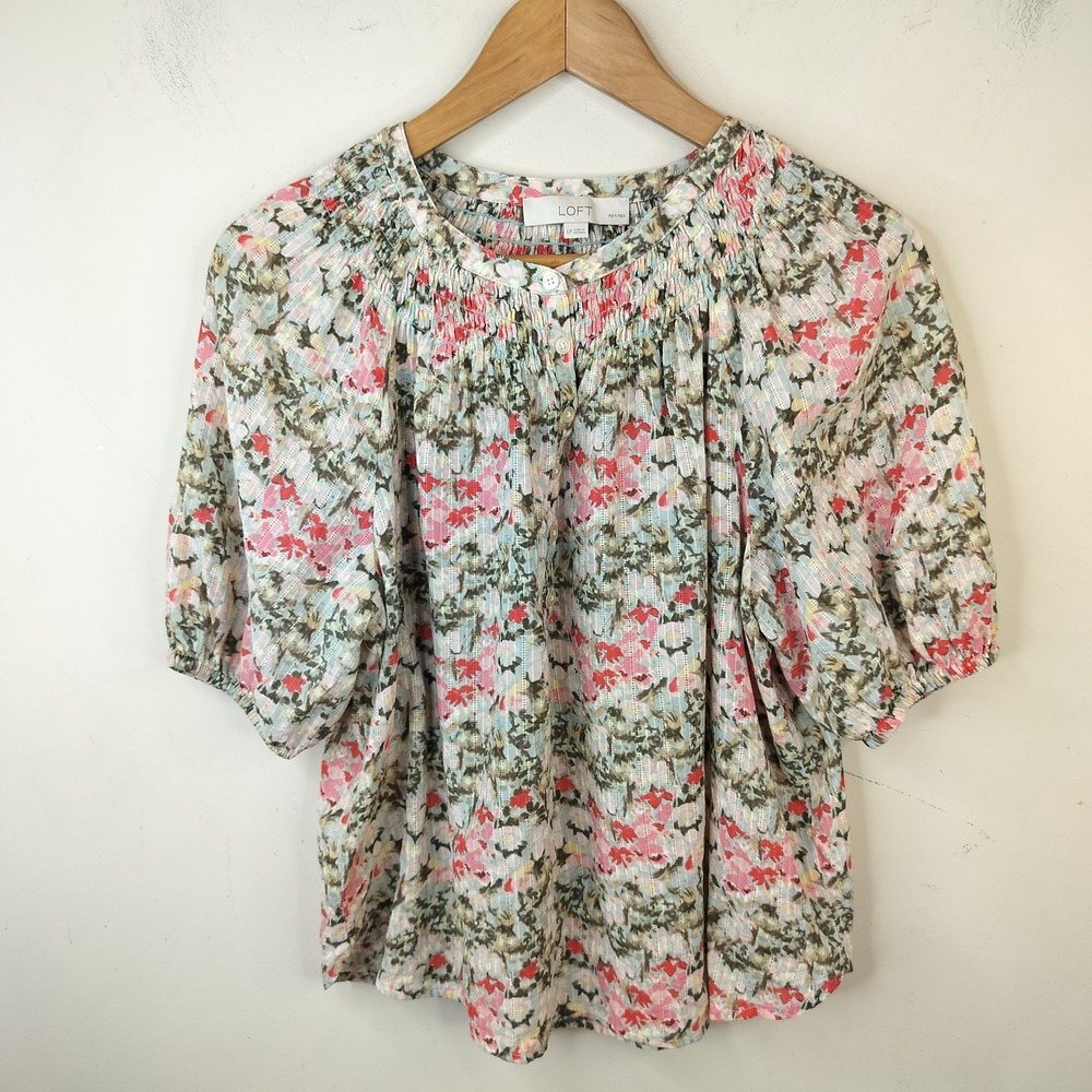 LOFT Floral Smocked Blouse Puff Sleeve Cottagecore Petite Large Multicolor